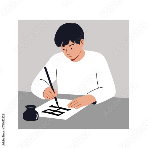 Man practicing calligraphy with black ink and a brush, focused on the art form