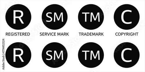 Eight black circular icons with white letters RSMTMC and text Keywords: registered, service mark, trademark, copyright