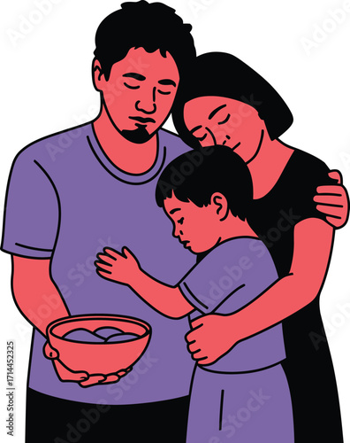 Family shares a moment of gratitude and togetherness, offering a bowl of food.