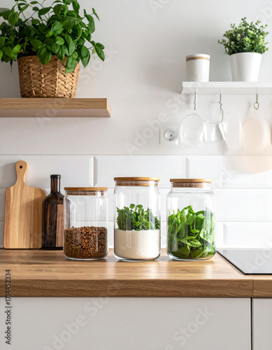 Modern kitchen with glass jars for zero waste, stylish minimal eco design