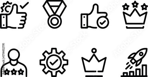 Assortment of Line Art Business and Achievement Icons Depicting Success, Recognition, Skill, and Growth in an Organized Fashion for Commercial Use