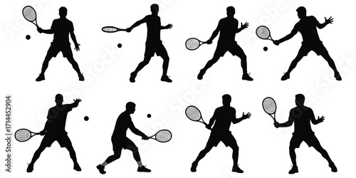 Eight black silhouettes of a male tennis player in action poses with racquets and balls on a white background