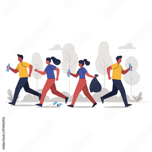 Four flat-style people run in a park, picking up litter and holding a garbage bag