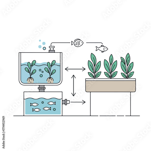 Aquaponics illustration showing plant & fish symbiotic system, tanks and plants in linear design