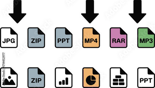 Diverse File Format Icons for Download with Arrows on Transparent Background, Vector Illustration