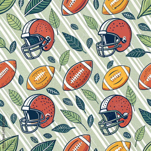 Seamless pattern of footballs, helmets, and field lines on a green and white background