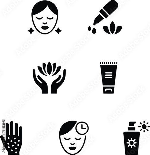 Wellness Icons Depicting Facial Mask, Essential Oils, Cream, and Lotion, Accompanying Hand Treatment, Showing Various Spa Related Services and Skin Care Methods