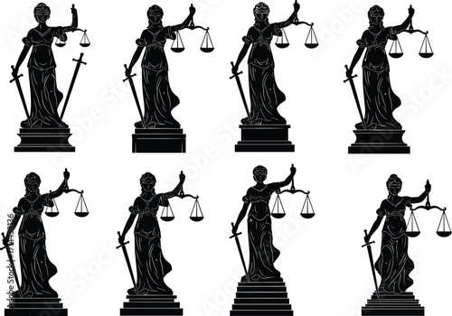 Eight Silhouettes Of Lady Justice Holding Scales And Sword On White Background scales of justice blindfold