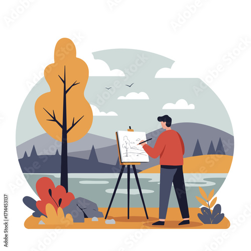 Illustrator image of an artist painting a landscape scene on an easel outdoors