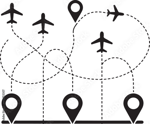 Global Air Travel Routes with Planes and Location Pins on Transparent Background Vector Illustration