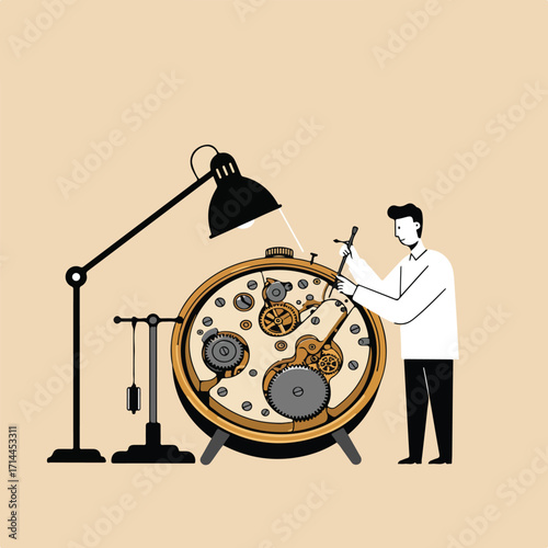 Person repairing an antique clock under a lamp, gears exposed, with beige backdrop