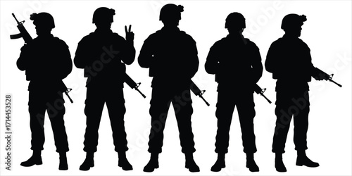 Five black silhouettes of soldiers in uniform with rifles on a white background military army