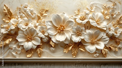 White flowers with golden leaves embossed artwork high resolution photo