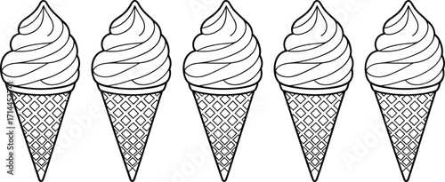 Five outline drawings of ice cream cones in waffle cones on white background vector illustration