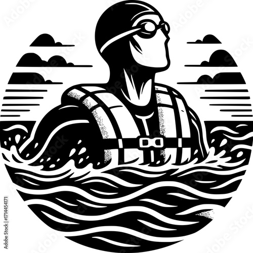 Aquatic Adventurer: A determined swimmer, donned in goggles and a cap, navigates the textured waves of the ocean