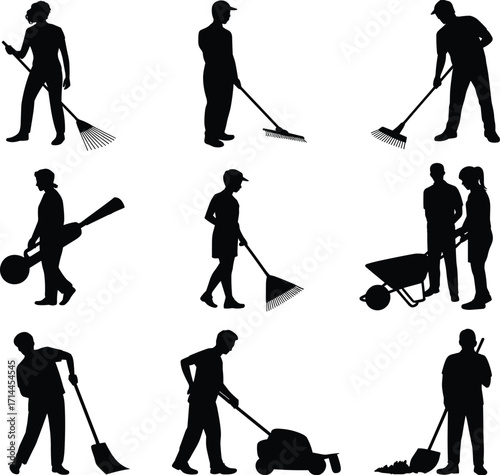 Nine Silhouettes of People Performing Yard Work and Gardening Tasks landscaping