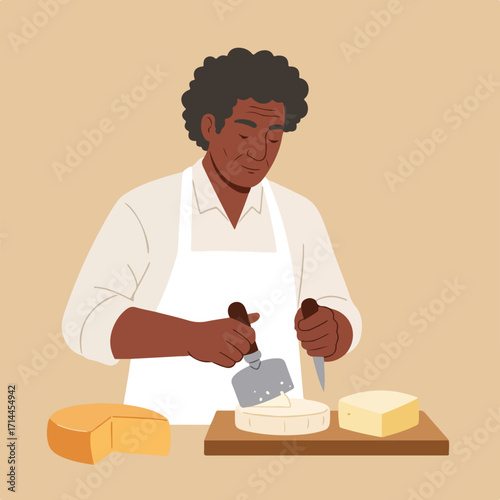 Man with apron slices cheese with tools over wooden board. Tan background, simple style
