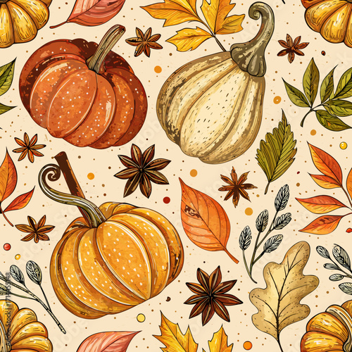Seamless pattern of gourds, spices, and autumn leaves on a neutral background