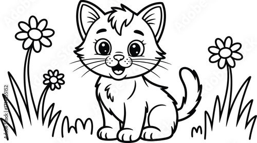 Cute Kitten Outline with Flowers Illustration for Coloring and Design