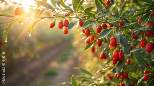 Goji berries on a branch with sunlight shining through the leaves