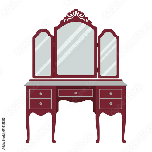 Reddish-brown vanity with a large central mirror flanked by two smaller, hinged mirrors