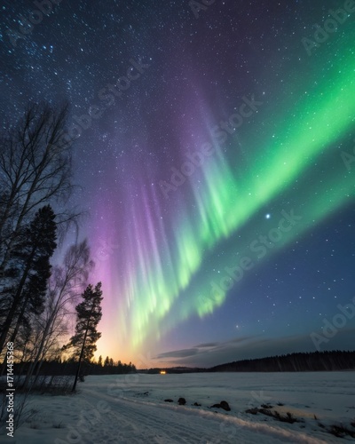 Aurora borealis curtains over night sky with stars and serene negative copy space