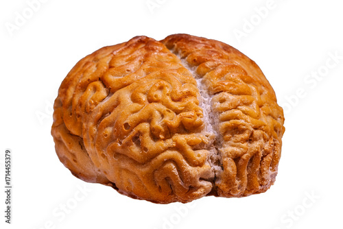 a realistic, brown, sugar-coated brain-shaped pastry. The pastry's surface is detailed with intricate, folded, and wrinkled textures resembling a human brain.