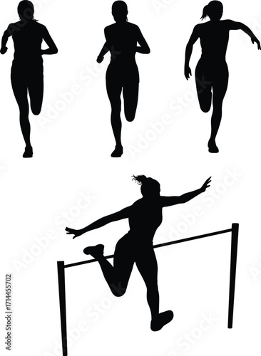 Silhouettes of Female Athletes Running and Hurdling on White Background runner hurdle