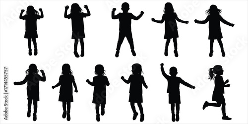 Silhouettes of children jumping and running in various poses on a white background kids