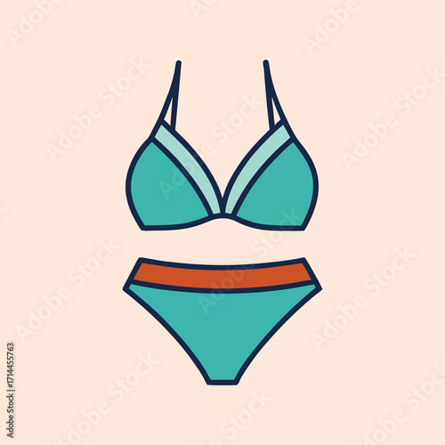 Teal bikini set with straps and briefs on a peach background