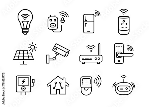 Smart home technology line icon set. Vector pictograms of wifi, thermostat, camera, light bulb, smart plug, security, automation, thin outline illustration.
