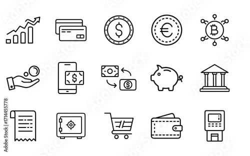 Finance and money line icon set. Vector pictograms of wallet, credit card, atm, mobile payment, bitcoin, piggy bank, safe, transfer, chart, thin outline illustration.