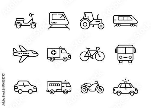 Transportation and vehicles line icon set. Vector pictograms of car, bus, taxi, motorcycle, bicycle, airplane, train, ship, scooter, tractor, thin outline illustration.