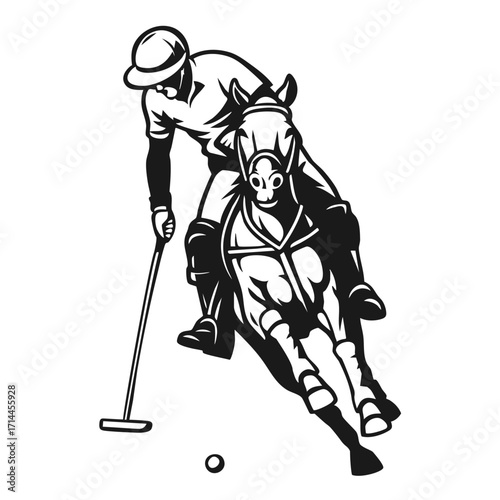 Polo player riding a galloping horse while swinging a mallet at a ball in dynamic black and white illustration