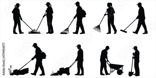 Silhouettes of people performing gardening and yard work tasks vector illustration