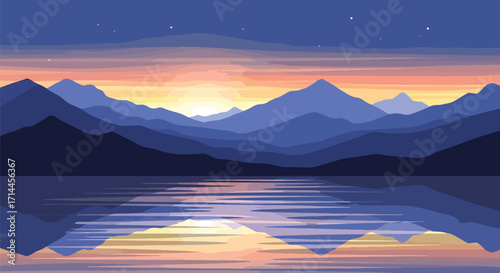Colorful vector landscape of mountain lake at sunset, symbolizing calm, adventure, and wilderness beauty.