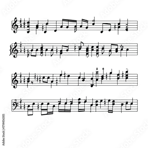 Music notation sheet with notes, treble and bass clef, and time signature