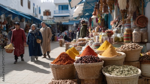 Bustling Tunisian Market with Spices Dates Pottery and Woven Baskets 
