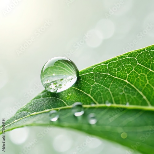 Crystal water droplet on vibrant green leaf macro with soft focus and copy space