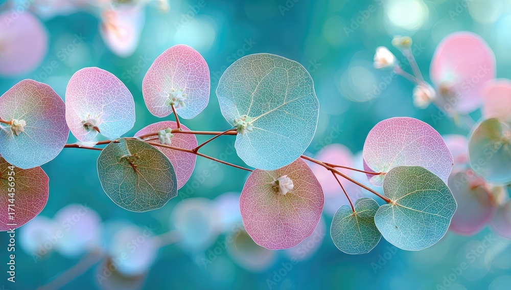 Fototapeta premium Delicate, pastel-hued leaves with translucent, circular shapes, arranged on a light teal background, create a dreamy, ethereal atmosphere.