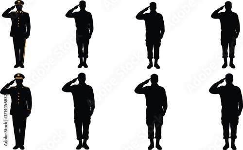 Silhouettes of Soldiers Saluting in Uniforms on White Background military salute