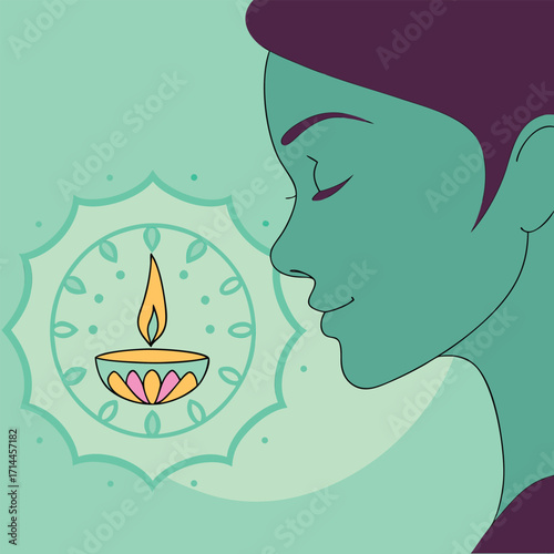 Serene moment of reflection with a vibrant Diwali diya, evoking peace and tranquility for a mindful experience