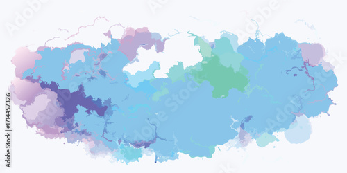 Abstract watercolor splash in pastel blue purple and pink hues on white background paint stain