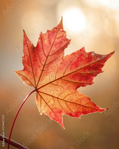 Maple leaf macro with detailed autumn veins on soft gradient background with copy space