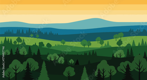 Vector illustration of rolling green hills and forest at sunrise, symbolizing nature, harmony, and outdoor adventure.