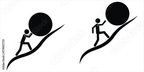 Stick Figure Pushing and Climbing a Sphere Up a Curved Slope silhouette person