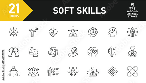 Soft Skills line icon set. Set of 21 outline icons related to interpersonal skill, flexibility, mindset, compassion, enthusiasm, problem solving and others. Editable stroke. Vector illustration.