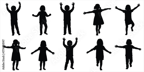 Ten Black Silhouette Icons of Children with Arms Raised on White Background kids boys