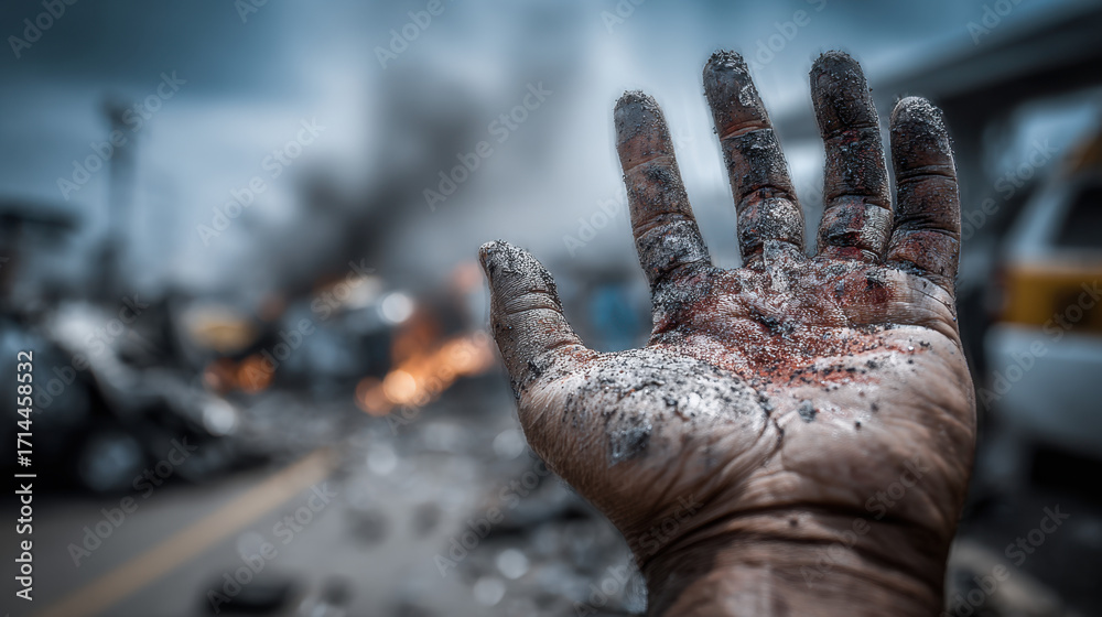Obraz premium Burned hand reaching out amidst devastation with smoke rising from wrecked vehicles and debris on urban street reflecting chaos and destruction in afath of disaster.