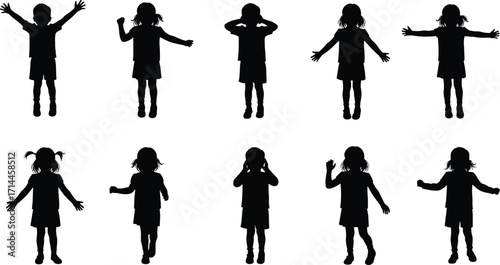 Ten Black Silhouettes of Children Posing and Moving on White Background vector illustration